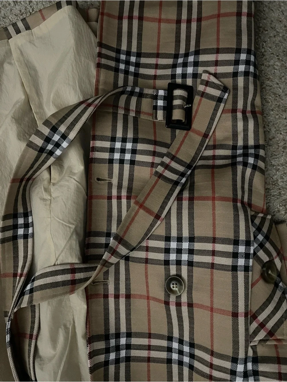 NWT designer Beige Plaid Double-Breasted Trench Coat - Picture 4 of 7